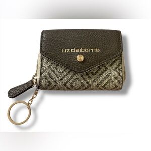 Liz Claiborne Geometric Envelope Style Keychain Coin Wallet Purse Tan Brown